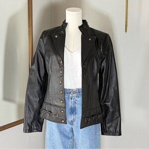 Damselle New York Black Leather Jacket M Gold Ring Hardware Cinched Y2K Moto